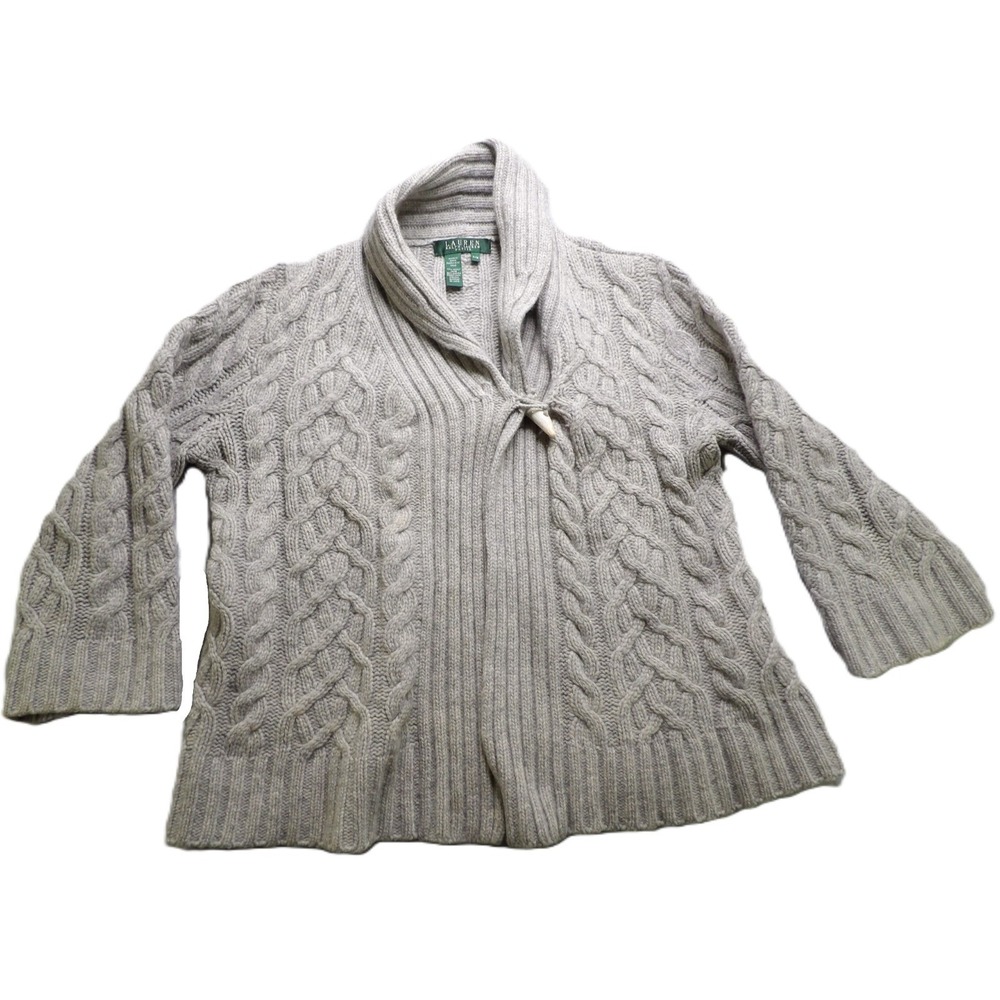 Lauren Ralph Lauren Women PM Gray Wool Angora Cable Knit Shawl Toggle Cardigan